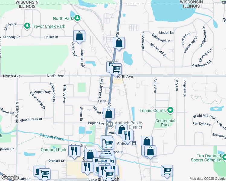 map of restaurants, bars, coffee shops, grocery stores, and more near 299 Joanna Court in Antioch