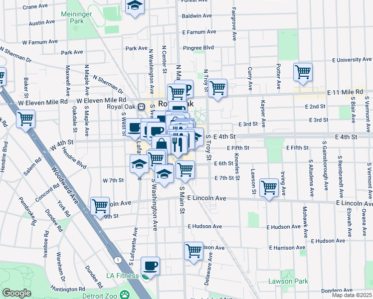 map of restaurants, bars, coffee shops, grocery stores, and more near 511 South Main Street in Royal Oak