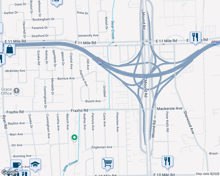 map of restaurants, bars, coffee shops, grocery stores, and more near 26184 Albert J Drive in Warren