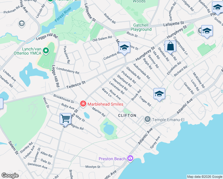 map of restaurants, bars, coffee shops, grocery stores, and more near 21 Ware Lane in Marblehead