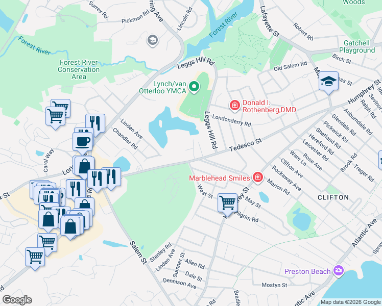 map of restaurants, bars, coffee shops, grocery stores, and more near 132 Tedesco Street in Marblehead