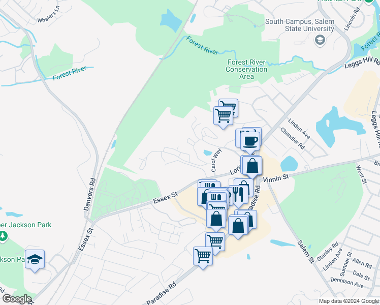 map of restaurants, bars, coffee shops, grocery stores, and more near 12 Weatherly Drive in Salem