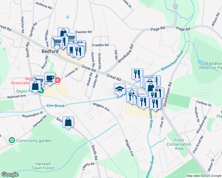 map of restaurants, bars, coffee shops, grocery stores, and more near 18 Roberts Drive in Bedford