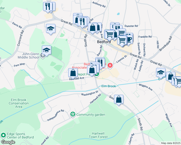 map of restaurants, bars, coffee shops, grocery stores, and more near 4 Railroad Avenue in Bedford