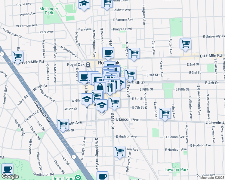 map of restaurants, bars, coffee shops, grocery stores, and more near 511 South Main Street in Royal Oak