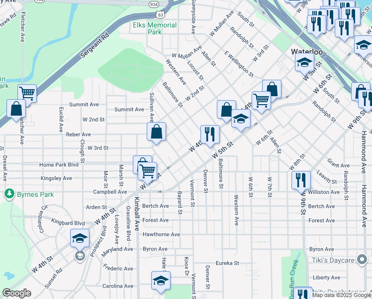 map of restaurants, bars, coffee shops, grocery stores, and more near 1325 West 4th Street in Waterloo
