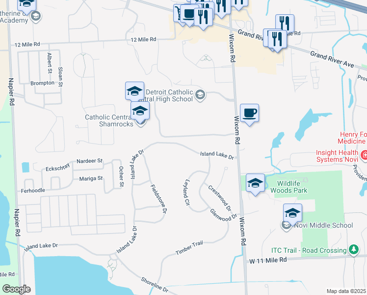map of restaurants, bars, coffee shops, grocery stores, and more near 26668 Island Lake Drive in Novi