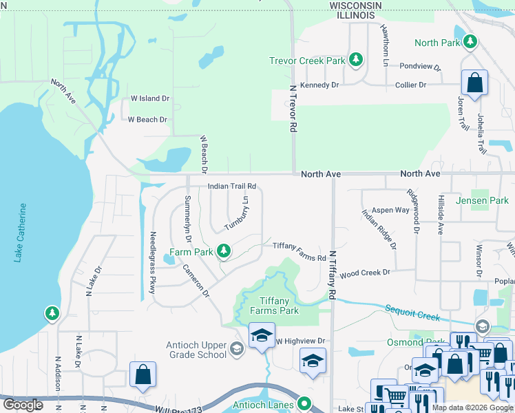 map of restaurants, bars, coffee shops, grocery stores, and more near 627 Indian Trail Road in Antioch