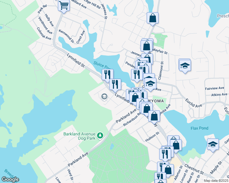 map of restaurants, bars, coffee shops, grocery stores, and more near 71 Lynnfield Street in Lynn