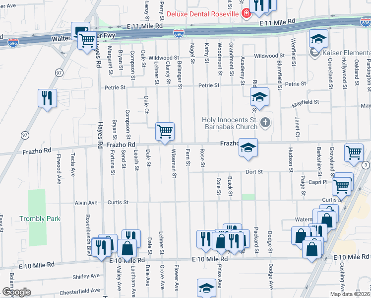 map of restaurants, bars, coffee shops, grocery stores, and more near 15676 Frazho Road in Roseville