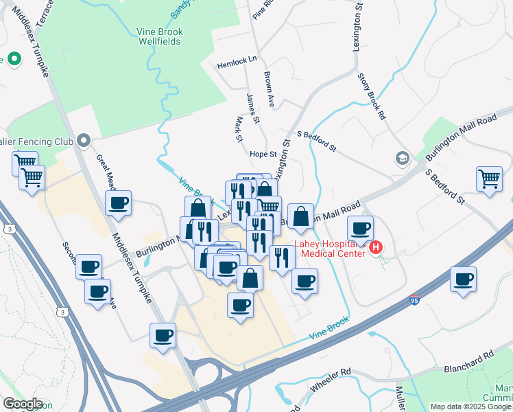 map of restaurants, bars, coffee shops, grocery stores, and more near 80 Burlington Mall Road in Burlington