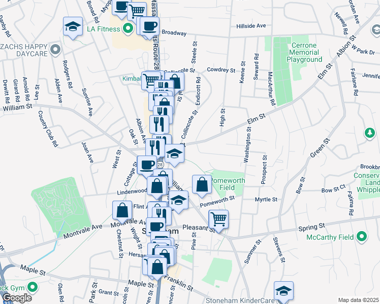 map of restaurants, bars, coffee shops, grocery stores, and more near 9 Tremont Street in Stoneham