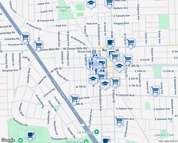 map of restaurants, bars, coffee shops, grocery stores, and more near 484 South Lafayette Avenue in Royal Oak