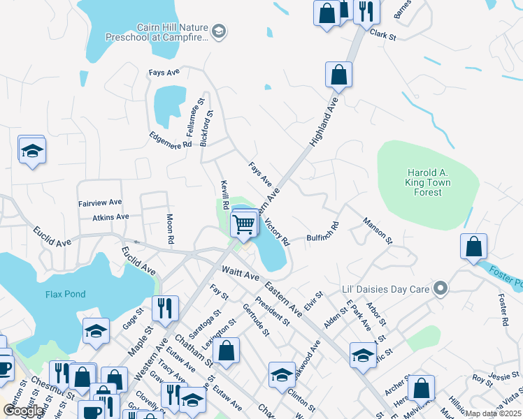 map of restaurants, bars, coffee shops, grocery stores, and more near Rte 107 & Western Ave in Lynn