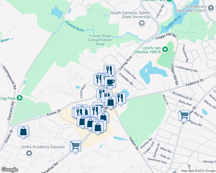 map of restaurants, bars, coffee shops, grocery stores, and more near 17 Paradise Avenue in Salem