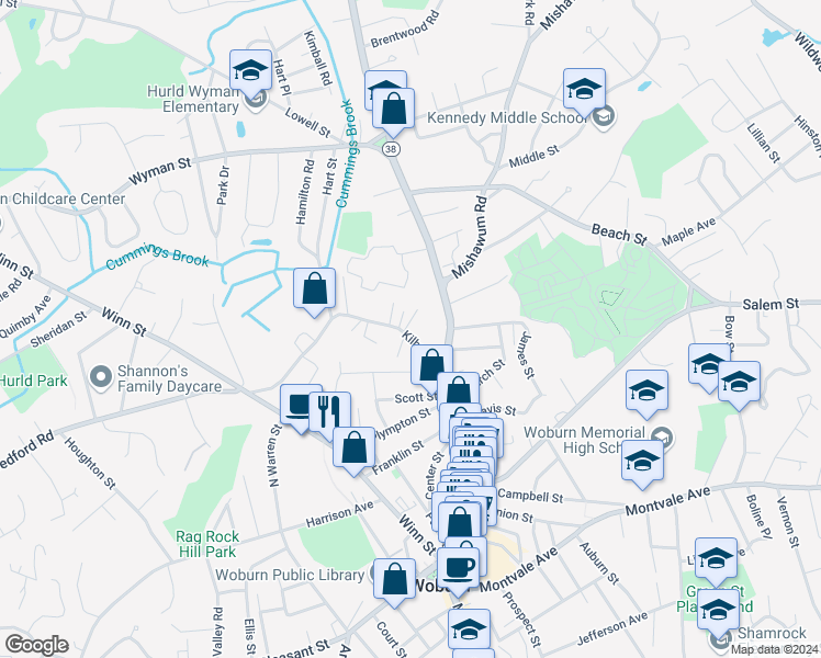 map of restaurants, bars, coffee shops, grocery stores, and more near 3 Carter Place in Woburn