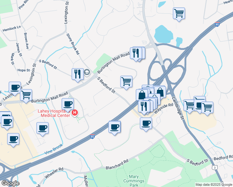 map of restaurants, bars, coffee shops, grocery stores, and more near 56 South Bedford Street in Burlington