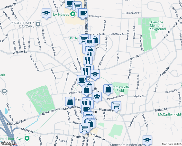 map of restaurants, bars, coffee shops, grocery stores, and more near 105 Central Street in Stoneham