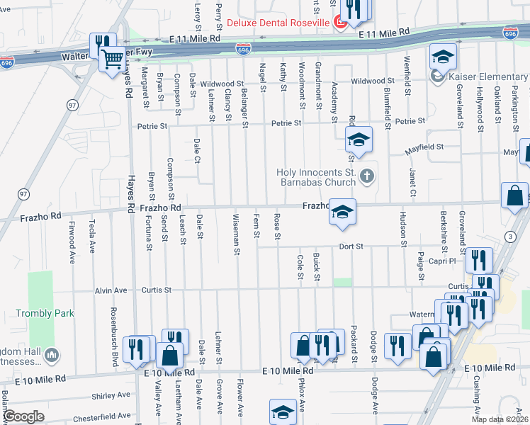 map of restaurants, bars, coffee shops, grocery stores, and more near 25857 Rose Street in Roseville