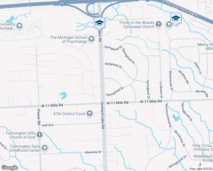 map of restaurants, bars, coffee shops, grocery stores, and more near 26150 Orchard Lake Road in Farmington Hills