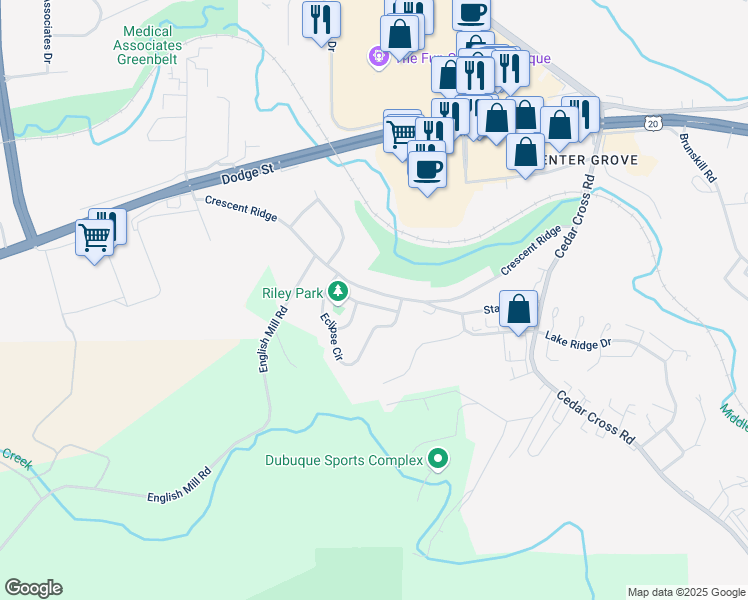 map of restaurants, bars, coffee shops, grocery stores, and more near 3519 Eclipse Circle in Dubuque