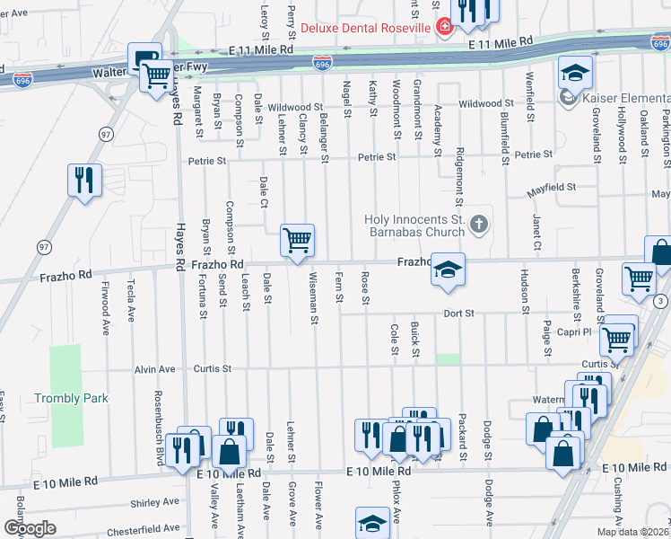 map of restaurants, bars, coffee shops, grocery stores, and more near 15676 Frazho Road in Roseville