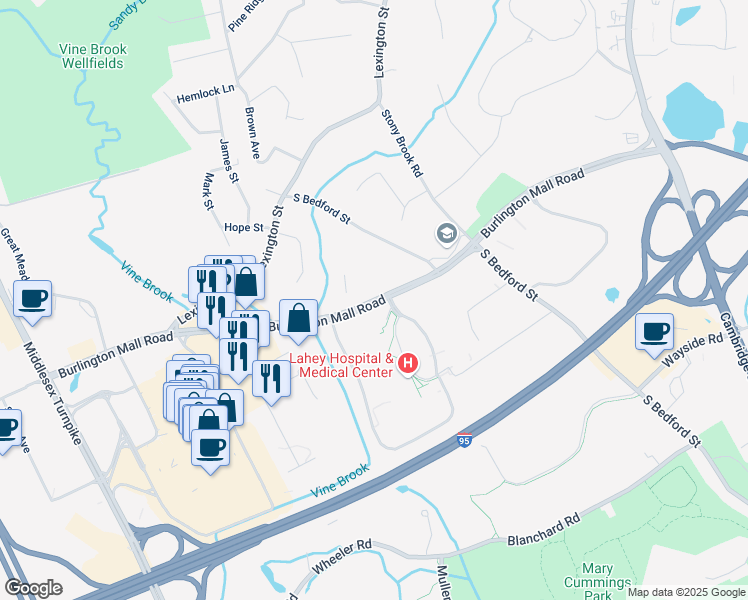 map of restaurants, bars, coffee shops, grocery stores, and more near Burlington Mall Road in Burlington