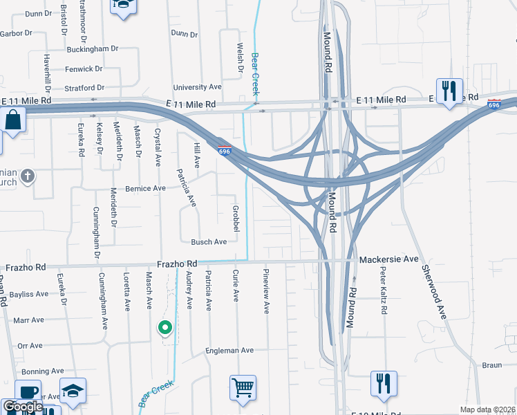 map of restaurants, bars, coffee shops, grocery stores, and more near 26184 Albert J Drive in Warren