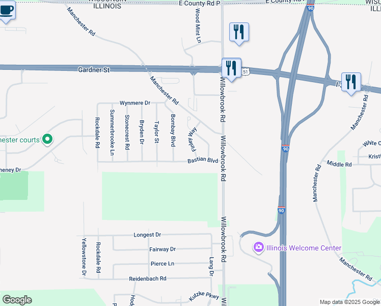 map of restaurants, bars, coffee shops, grocery stores, and more near 15567 Finley Way in South Beloit