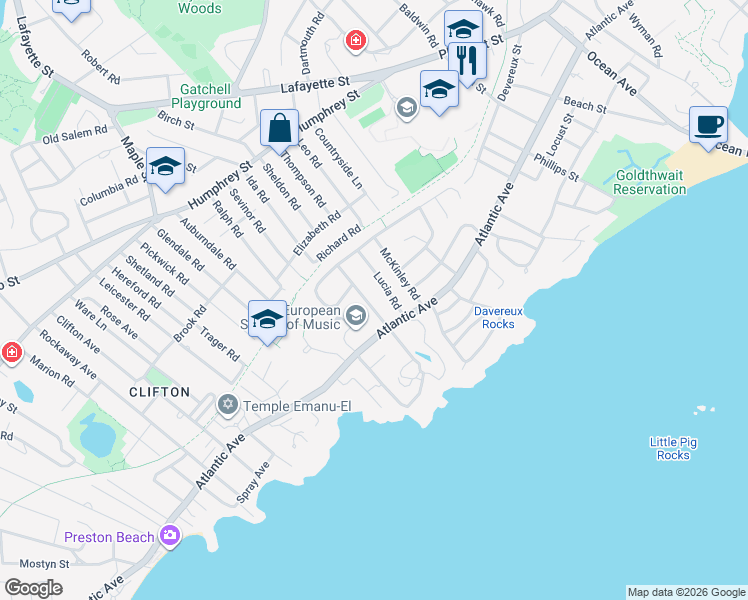 map of restaurants, bars, coffee shops, grocery stores, and more near 14 Lucia Road in Marblehead