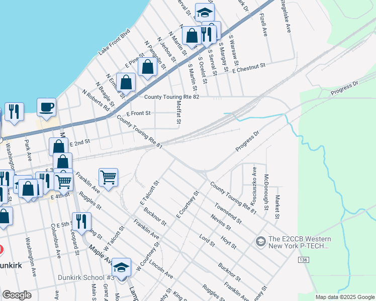 map of restaurants, bars, coffee shops, grocery stores, and more near 320 South Roberts Road in Dunkirk