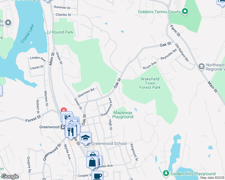 map of restaurants, bars, coffee shops, grocery stores, and more near 273 Oak Street in Wakefield
