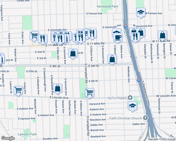 map of restaurants, bars, coffee shops, grocery stores, and more near 1709 East 4th Street in Royal Oak