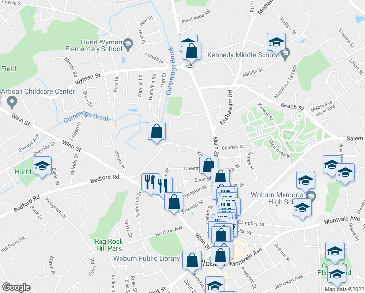 map of restaurants, bars, coffee shops, grocery stores, and more near 41 Kilby Street in Woburn