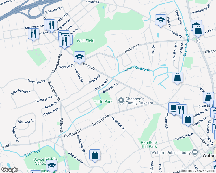 map of restaurants, bars, coffee shops, grocery stores, and more near 41 Quimby Avenue in Woburn