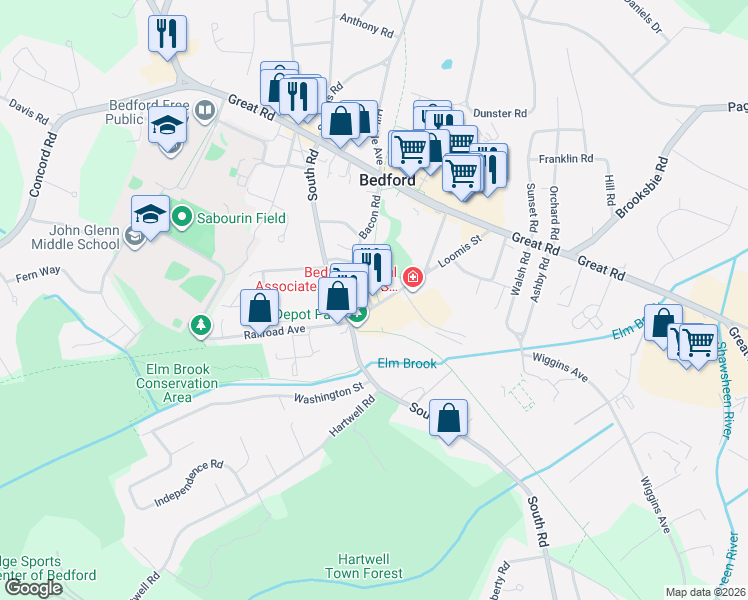 map of restaurants, bars, coffee shops, grocery stores, and more near 26 Hartford Street in Bedford
