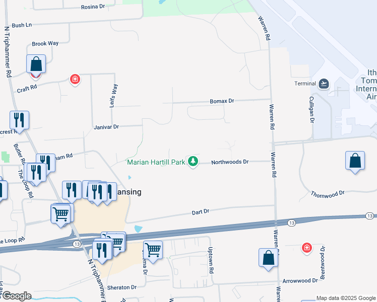 map of restaurants, bars, coffee shops, grocery stores, and more near 7 Coventry Walk in Ithaca