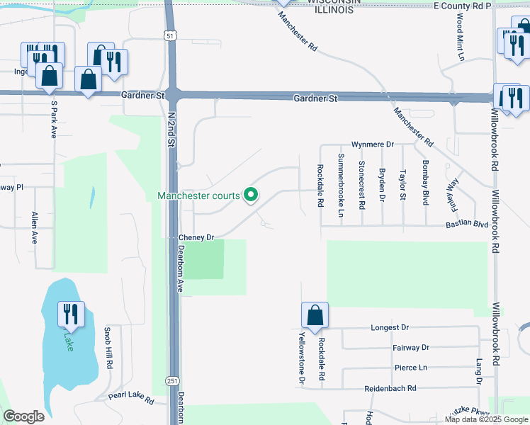 map of restaurants, bars, coffee shops, grocery stores, and more near 5214 Cheney Drive in South Beloit