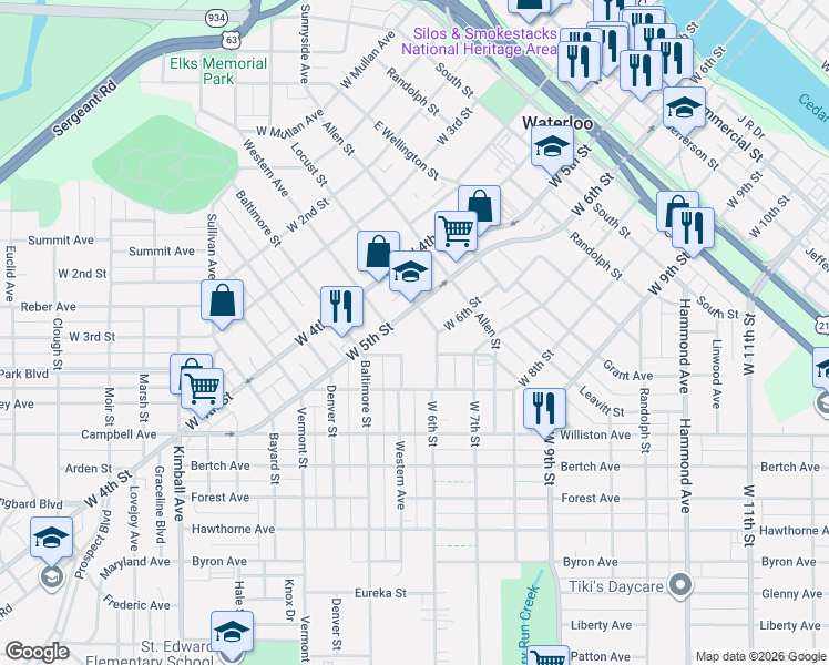 map of restaurants, bars, coffee shops, grocery stores, and more near 705 Locust Street in Waterloo
