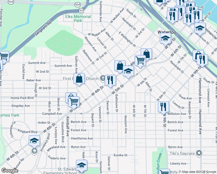 map of restaurants, bars, coffee shops, grocery stores, and more near 1109 West 4th Street in Waterloo