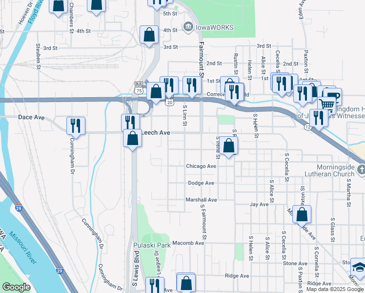 map of restaurants, bars, coffee shops, grocery stores, and more near 2514 Leech Avenue in Sioux City