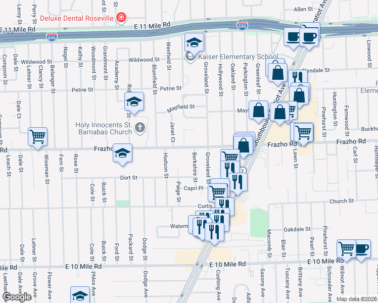 map of restaurants, bars, coffee shops, grocery stores, and more near 16675 Frazho Road in Roseville
