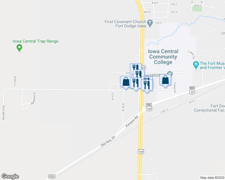 map of restaurants, bars, coffee shops, grocery stores, and more near 210 Ave O West in Fort Dodge