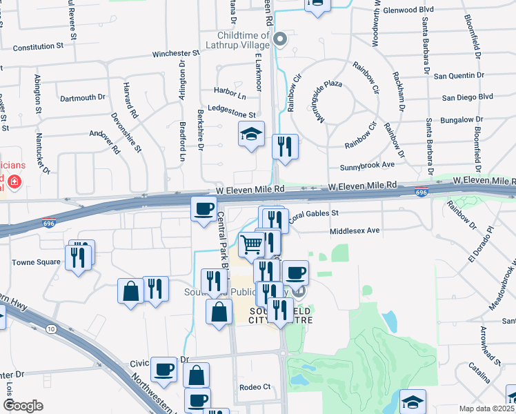 map of restaurants, bars, coffee shops, grocery stores, and more near 15929 West Eleven Mile Road in Southfield