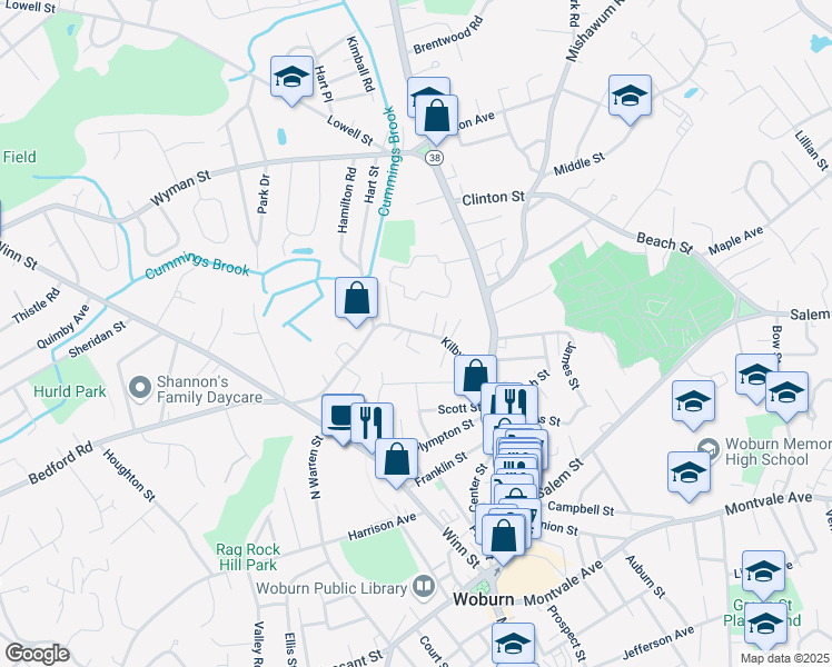 map of restaurants, bars, coffee shops, grocery stores, and more near 41 Kilby Street in Woburn