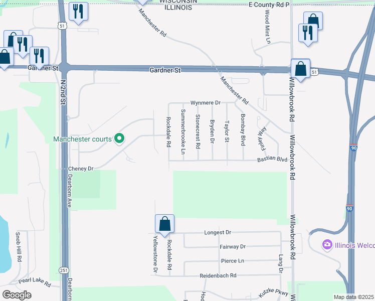 map of restaurants, bars, coffee shops, grocery stores, and more near 15545 Summerbrooke Lane in South Beloit