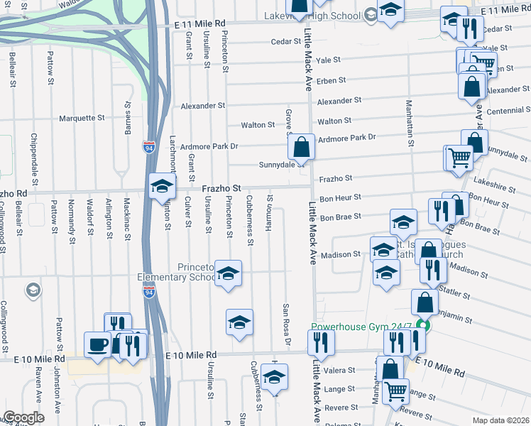 map of restaurants, bars, coffee shops, grocery stores, and more near 26424 Harmon Street in St. Clair Shores