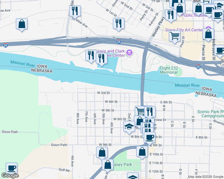 map of restaurants, bars, coffee shops, grocery stores, and more near 201 4th Avenue in South Sioux City