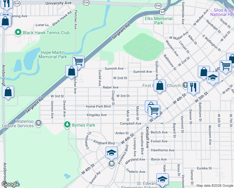 map of restaurants, bars, coffee shops, grocery stores, and more near 425 Reber Ave in Waterloo