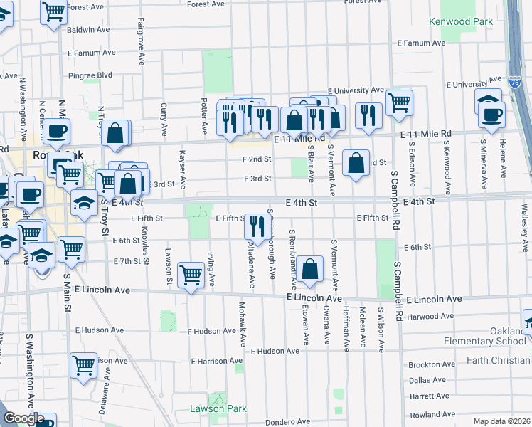 map of restaurants, bars, coffee shops, grocery stores, and more near 1031 East 4th Street in Royal Oak